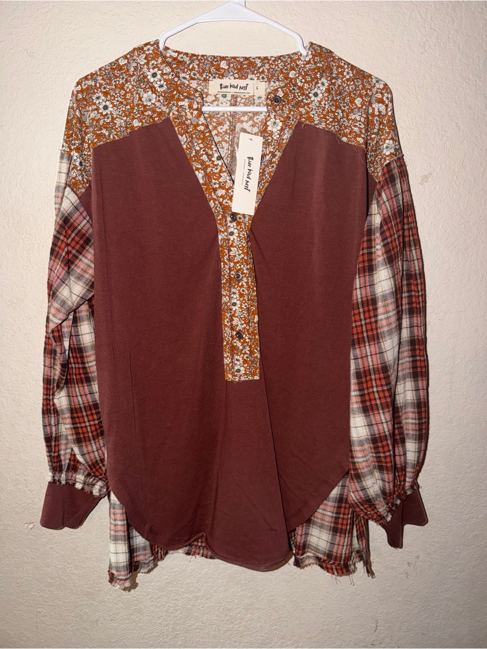 Three Bird Nest Rust Patchwork Floral V-Neck Tunic - Picture 5 of 5